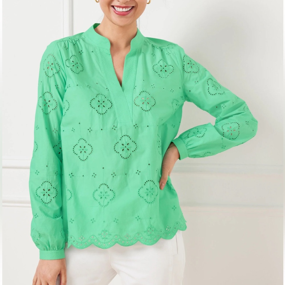 Talbots Floral Embroidered Eyelet Top Neptune Green MP